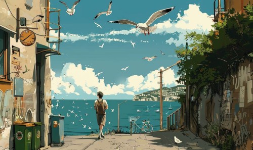 A man is walking down a street near the ocean. There are several seagulls flying in the sky AI