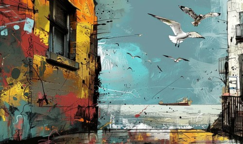 A painting of a building with a window and a boat in the water. The birds are flying in the sky AI