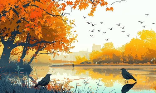 A painting of a city with a river and two birds. The birds are perched on a tree near the water AI