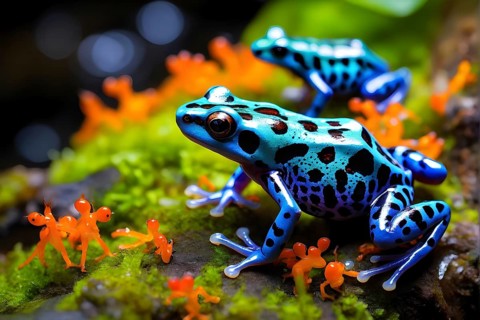 Brightly colored poison dart frogs converging around a translucent stream, AI generated