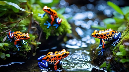 Brightly colored poison dart frogs converging around a translucent stream, AI generated