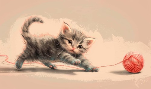 A playful kitten with grey fur reaches for a ball of yarn in a pastel-colored painting AI generated