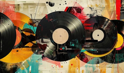 A colorful painting of several records with a black record in the middle. The painting has a