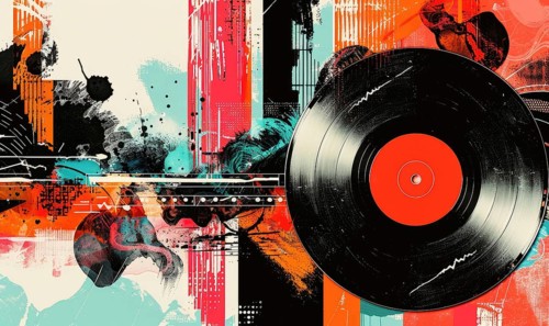 A colorful painting of a record with a black record on it. Multicolored abstract illustration. AI
