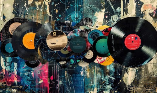 A colorful collage of old records with a blue background. The records are of various sizes and