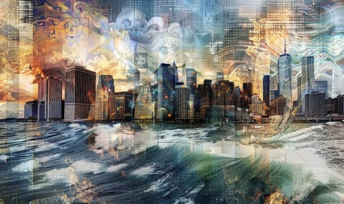 A painting of a city with a large body of water in the background. The city is lit up at night,