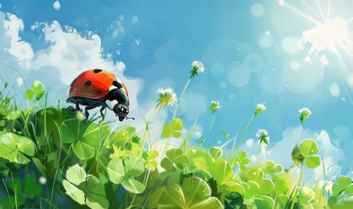 A ladybug crawling on a clover leaf in a bright and cheerful nature scene with sunlight and blue