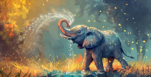 An elephant playfully splashing water with its trunk amidst a glowing sunset in a magical forest AI