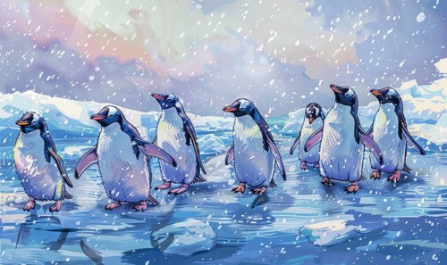 A group of penguins are walking on ice in the snow AI generated