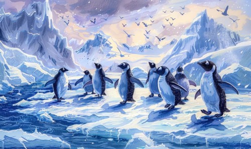 A group of penguins are standing on ice and snow AI generated