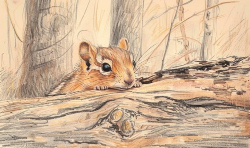 A small chipmunk is sitting on a log. The image has a calm and peaceful mood, as the chipmunk is