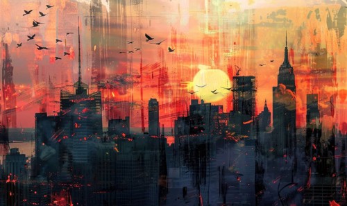 A painting of a city skyline with a large sun in the background. The sky is orange and the sun is