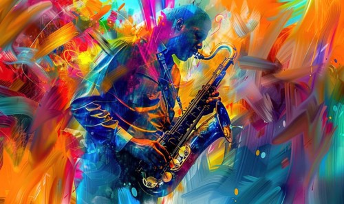 Abstract image of a saxophonist playing jazz, surrounded by vibrant and dynamic colors AI generated