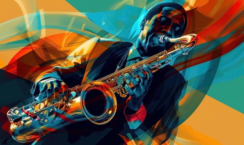 A dynamic, abstract portrayal of a jazz musician passionately playing the saxophone, surrounded by