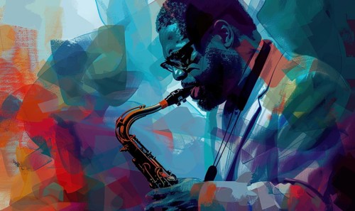 A man playing a saxophone in a colorful painting. The painting is abstract and has a lot of