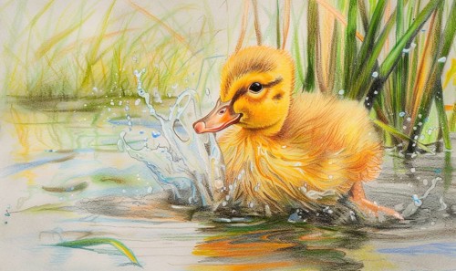 A duck is splashing in the water. The duck is small and yellow. The water is calm and clear AI