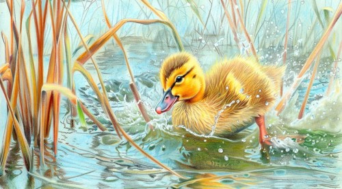 A duck is swimming in a pond with green grass. The duck is small and yellow. The water is calm and