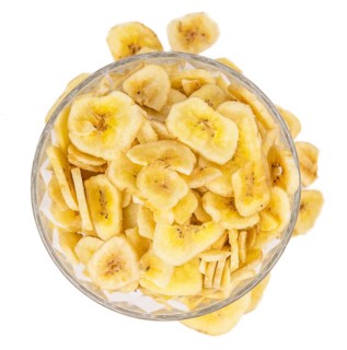 Dried Banana Chips isolated on white background, selective focus, close-up shot