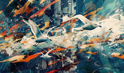 Abstract artwork of seagulls flying over a vibrant, chaotic cityscape with dynamic splashes of
