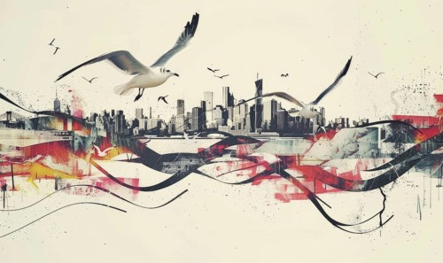 Abstract cityscape featuring seagulls in flight over a detailed skyline with dynamic black, white,