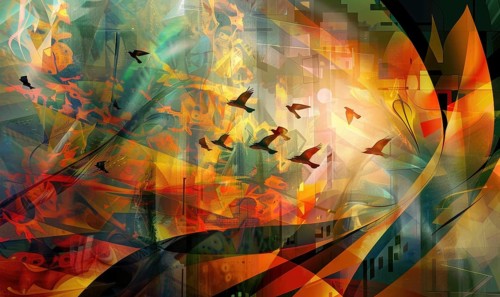 Abstract image with birds flying through a mystical forest with autumn colors and surreal elements