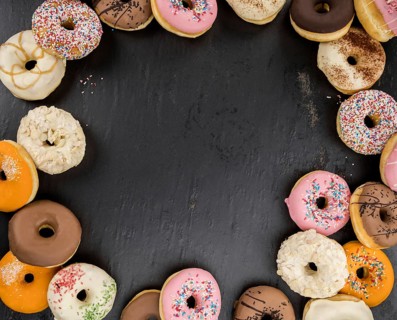 Some fresh made Donuts (view from above, close-up shot)