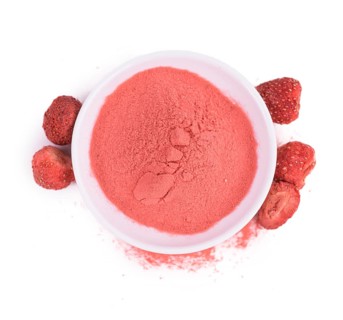 Strawberry powder isolated on white background, selective focus, close-up shot