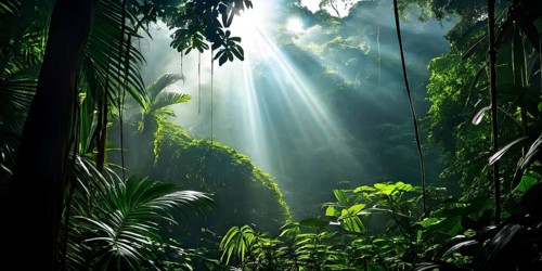 Rainforest canopy with verdant greenery and sunbeams piercing through the leaves, AI generated