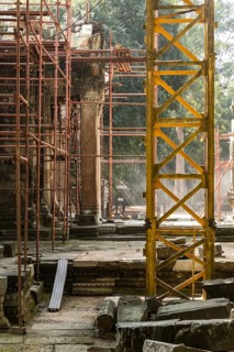 Archaeological site and renovation in Ta Prohm Temple, Angkor Wat Cambodia with spectacular light