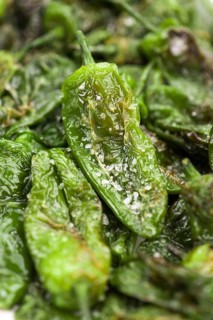 Portion of fresh Pimientos de Padron close-up shot, selective focus