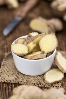 Some fresh Ginger Slices (selective focus, close-up shot)