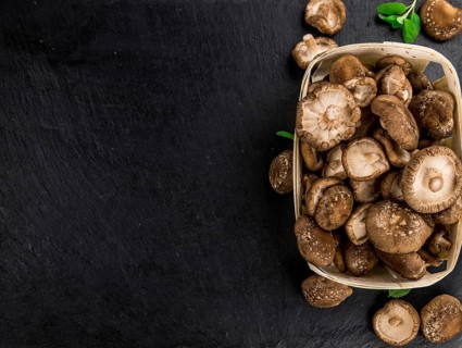 Portion of Raw Shiitake mushrooms on a rustic slate slab, selective focus, close-up shot