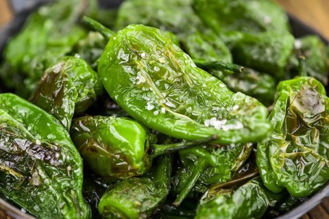 Portion of fresh Pimientos de Padron close-up shot, selective focus