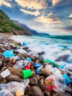Dream beach polluted by washed up plastic waste, environmental pollution, plastic problem, AI