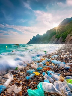Dream beach polluted by washed up plastic waste, environmental pollution, plastic problem, AI