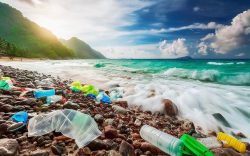 Dream beach polluted by washed up plastic waste, environmental pollution, plastic problem, AI
