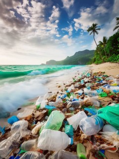 Dream beach polluted by washed up plastic waste, environmental pollution, plastic problem, AI