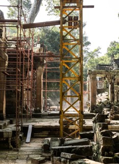 Archaeological site and renovation in Ta Prohm Temple, Angkor Wat Cambodia with spectacular light