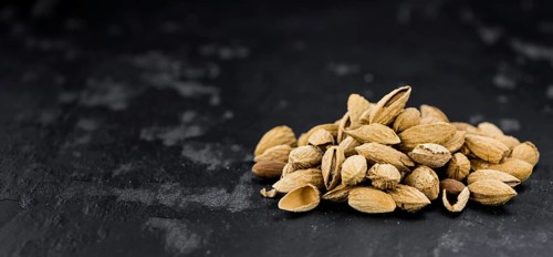 Dark slate slab with roasted and salted Almonds (in the shell)