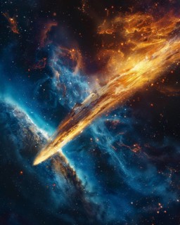 A vibrant meteoroid with a bright trail of light moving through the galaxy, AI generated