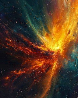 A colorful space scene showcasing an intense cosmic fire spreading across a nebula, AI generated
