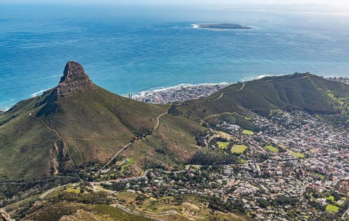 Lions Head and Robben Island view from Table Mountain, Cape Town, South Africa, Africa