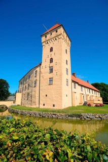 Tosterup castle against blu sky in Tomelilla Municipality, Skane County, Sweden, Scandinavia,