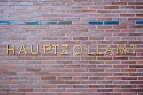 Main Customs Office lettering on a stone wall, Hanseatic City of Hamburg, Germany, Europe
