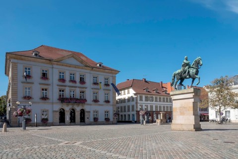 Town Hall and monument to Prince Regent Luitpold of Bavaria, equestrian figure, bronze, Town Hall