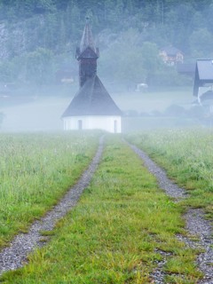 Foggy atmosphere, village church of Gössl, Salzkammergut, Styria, Austria, Europe