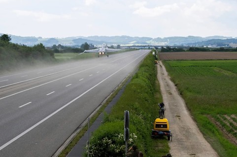 Swiss Air Force F/A 18 fighter aircraft take off and land on the A1 motorway during the Alpha Uno