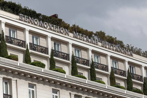 Hotel Grande Bretagne, faÃ§ade detail, historic Grand Hotel on Syntagma Square, 5-star hotel,