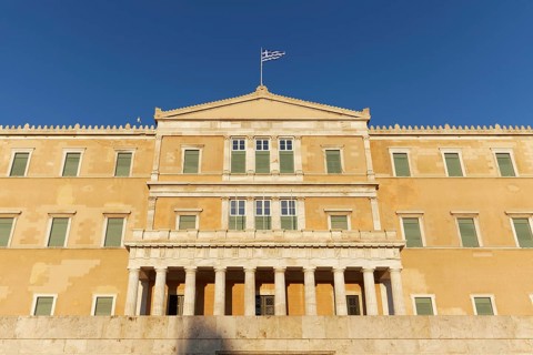 Parliament building in the evening light, former royal palace, Syntagma Square, Athens, Greece,