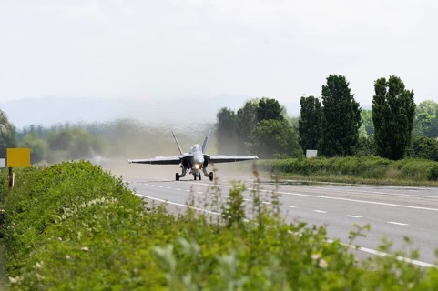 Swiss Air Force F/A 18 fighter aircraft take off and land on the A1 motorway during the Alpha Uno